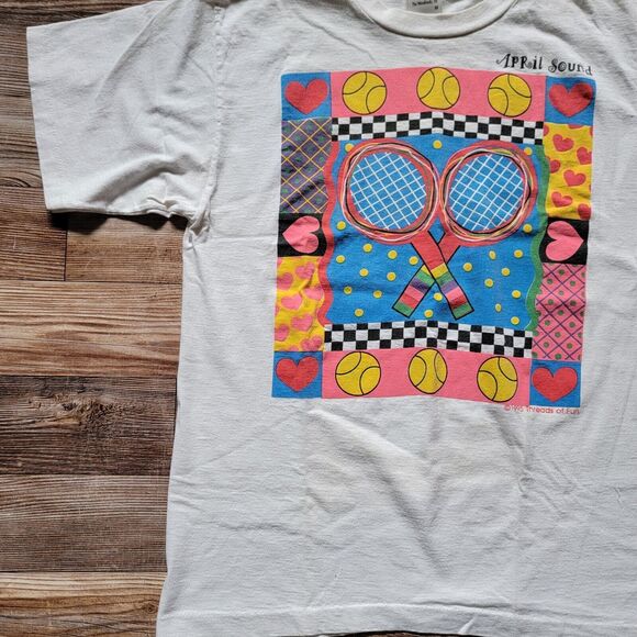 VTG 1995 Threads Of April Sound Tennis Hearts T Shirt Women's Size M USA - Picture 4 of 16